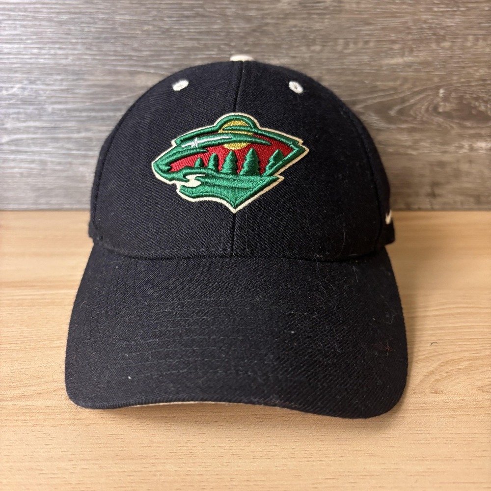 Vintage Minnesota Wild Hat Cap Strap Back Mens Black NHL Hockey Wool Blend Nike